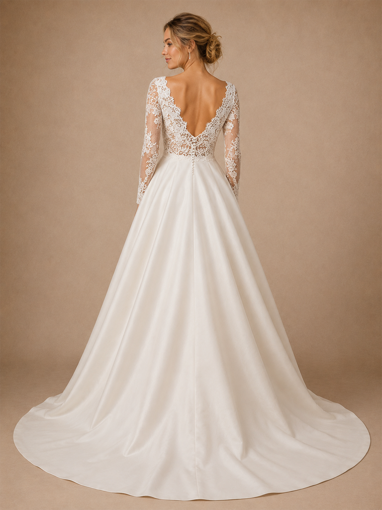 ChicSew Classy Elegant V-Neck Long Sleeves A-Line Lace Satin Floor-Length Wedding Dress