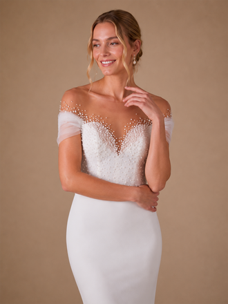 Chicsew Fancy Illusion Off The Shoulder Beading Mermaid Crepe Long Wedding Dress