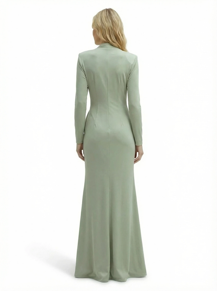 Chicsew Fancy Silky Satin V-Neck Ruffled Slit Long Sleeves Dress For Mother Of The Groom With Ruching