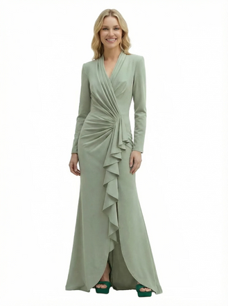 Chicsew Fancy Silky Satin V-Neck Ruffled Slit Long Sleeves Dress For Mother Of The Groom With Ruching