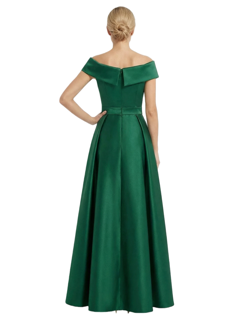 Chicsew Mother of The Bride Dress Gorgeous Off Shoulder Bow Detail Satin A-Line Maxi Gown