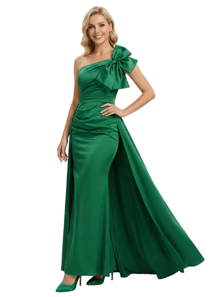 Chicsew One Shoulder Bow Ruched Satin Mermaid Mother Of The Bride Dresses With Overskirt
