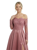 Unique Off-Shoulder Lace Long Sleeve Satin A-Line Prom Gown Slit