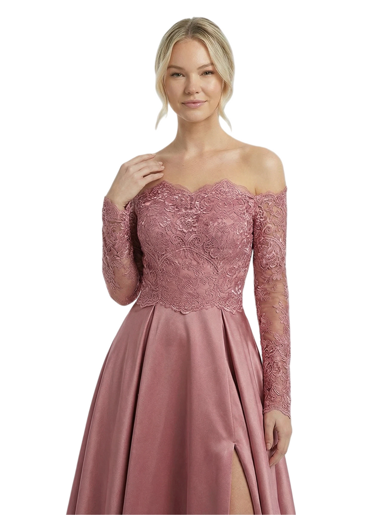 Unique Off-Shoulder Lace Appliques Satin A-Line Prom Gown