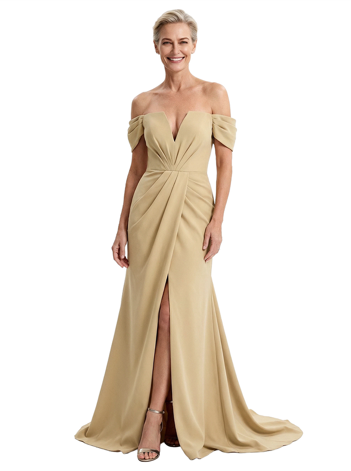 Chicsew Elegant Off Shoulder Sleeveless Ruched Mid Slit Mermaid Mother Of The Bride Dress