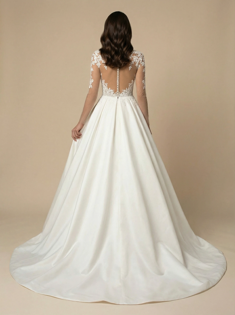 A-Line Deep V-Neck Lace And Satin Maxi Long Wedding Dresses