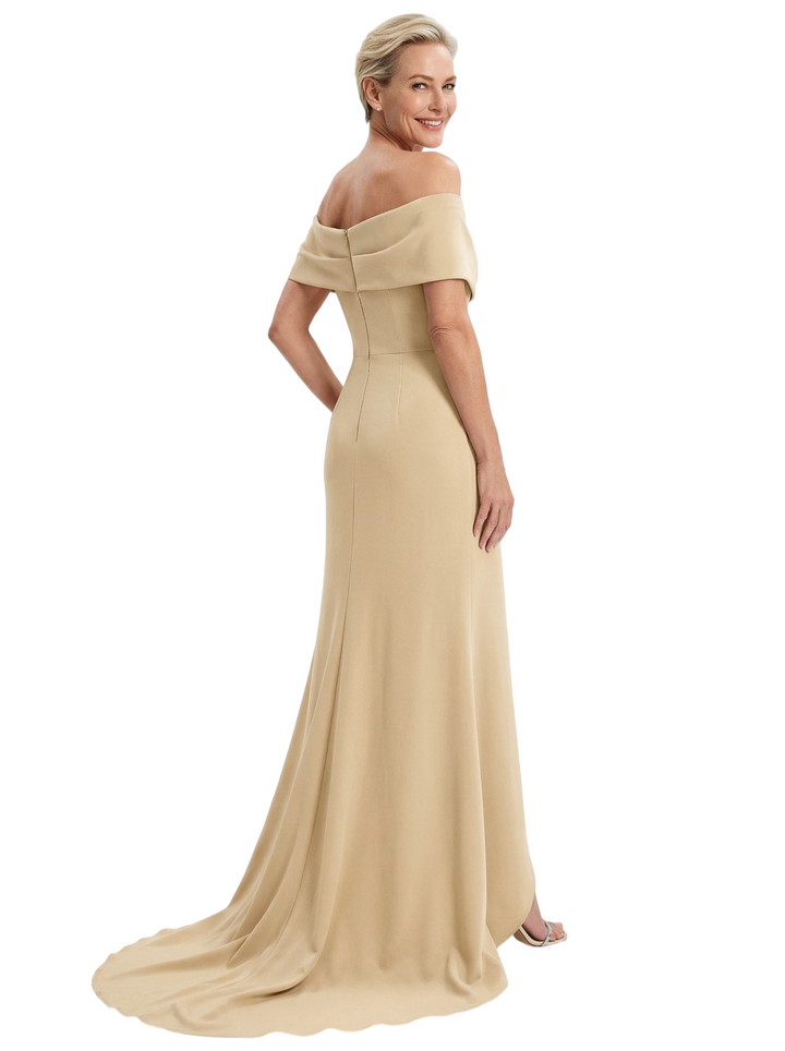 Chicsew Elegant Off Shoulder Sleeveless Ruched Mid Slit Mermaid Mother Of The Bride Dress