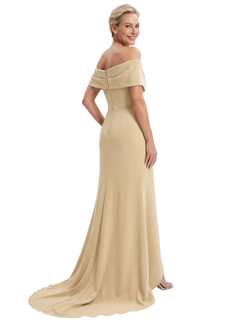 Chicsew Elegant Off Shoulder Sleeveless Ruched Mid Slit Mermaid Mother Of The Bride Dress