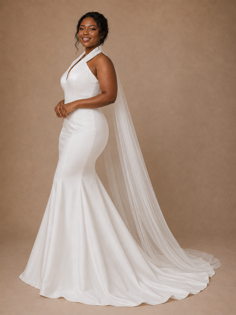 ChicSew Modern V-Neck Halter Strap Sleeveless Mermaid Satin Floor-Length Wedding Dress