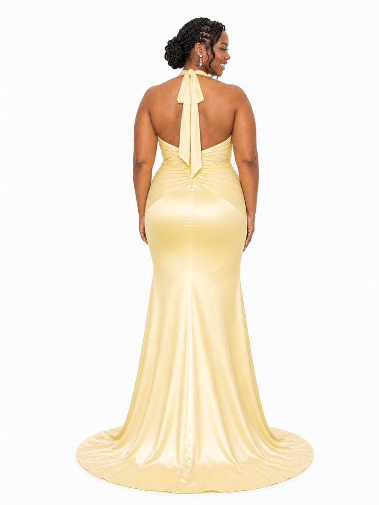 ChicSew Sexy V-Neck Halter Strap Ruching Mermaid Soft Satin Long Bridesmaid Dresses