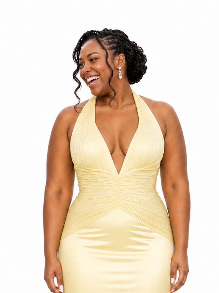 ChicSew Sexy V-Neck Halter Strap Ruching Mermaid Soft Satin Long Bridesmaid Dresses