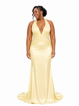 ChicSew Sexy V-Neck Halter Strap Ruching Mermaid Soft Satin Long Bridesmaid Dresses