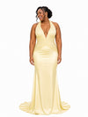 ChicSew Sexy V-Neck Halter Strap Ruching Mermaid Soft Satin Long Bridesmaid Dresses