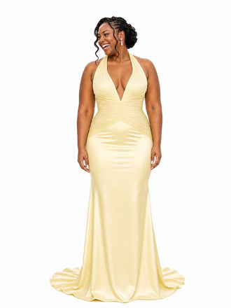ChicSew Sexy V-Neck Halter Strap Ruching Mermaid Soft Satin Long Bridesmaid Dresses