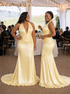 ChicSew Sexy V-Neck Halter Strap Ruching Mermaid Soft Satin Long Bridesmaid Dresses