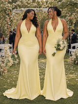 ChicSew Sexy V-Neck Halter Strap Ruching Mermaid Soft Satin Long Bridesmaid Dresses