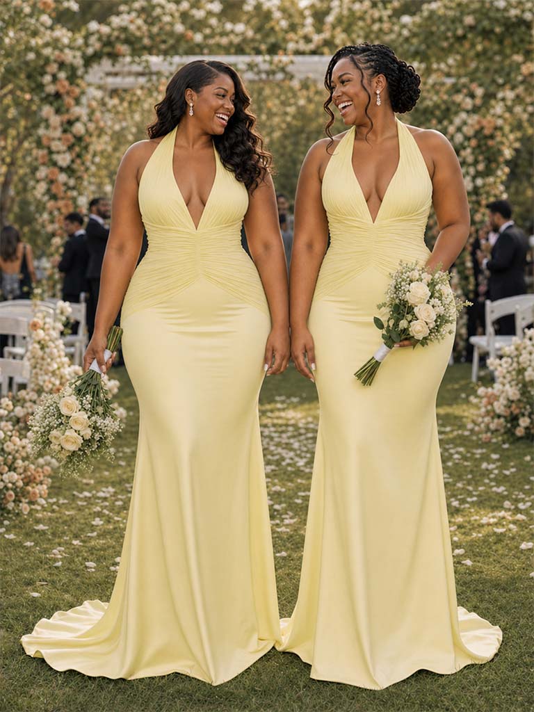 ChicSew Sexy V-Neck Halter Strap Ruching Mermaid Soft Satin Long Bridesmaid Dresses