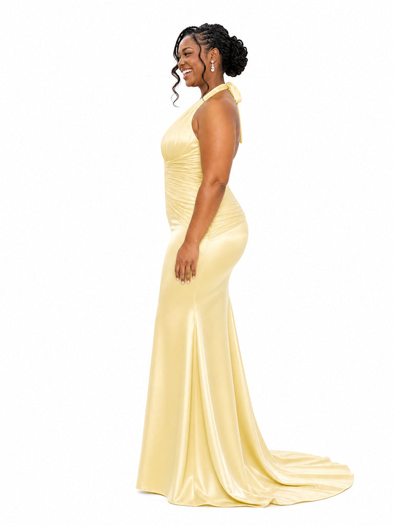 ChicSew Sexy V-Neck Halter Strap Ruching Mermaid Soft Satin Long Bridesmaid Dresses