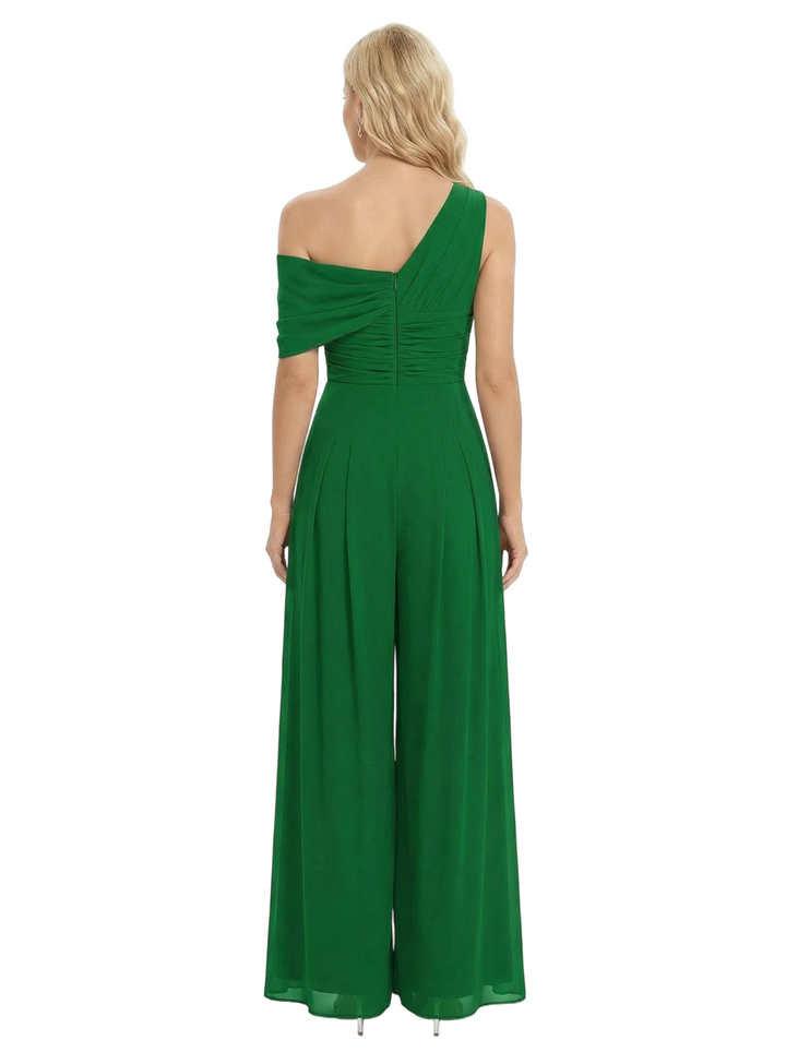 Chicsew Mother of The Bride Jumpsuit Modern One Shoulder Ruched Chiffon Wide Leg Long Outfit Flowy Silhouette