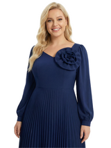 Chicsew Mother of The Bride Dress Beautiful V-Neck Long Sleeve Chiffon Pleated Midi Gown Flower Accent
