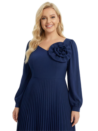 Chicsew Mother of The Bride Dress Beautiful V-Neck Long Sleeve Chiffon Pleated Midi Gown Flower Accent