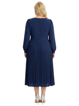Chicsew Mother of The Bride Dress Beautiful V-Neck Long Sleeve Chiffon Pleated Midi Gown Flower Accent