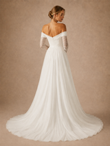 ChicSew Romantic Off The Shoulder 3/4 Sleeves Mermaid Long Wedding Dresses With Overskirt