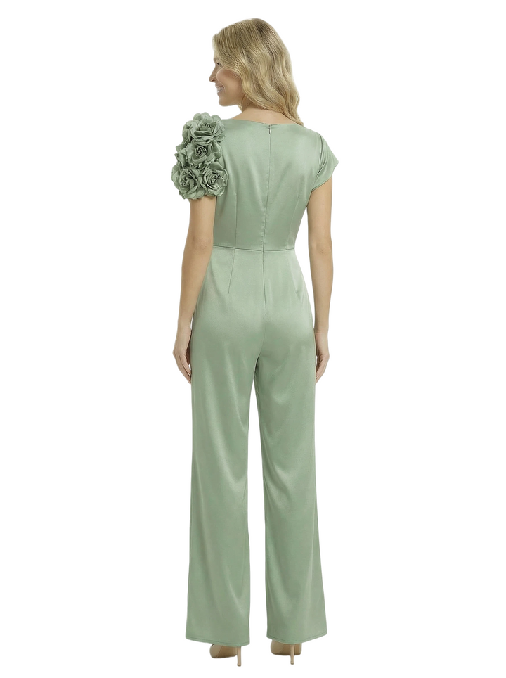 Chicsew Mother of The Groom Jumpsuit Unique Flower Detail Satin Wide Leg Long Outfit Sleek Modern Design