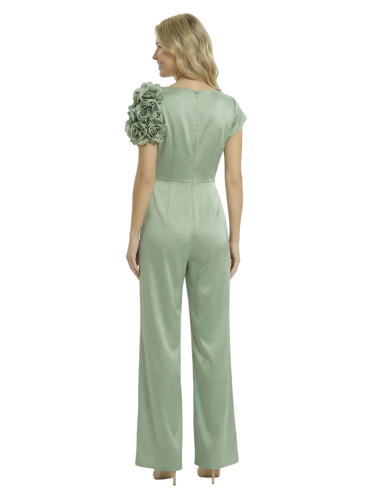 Chicsew Mother of The Groom Jumpsuit Unique Flower Detail Satin Wide Leg Long Outfit Sleek Modern Design