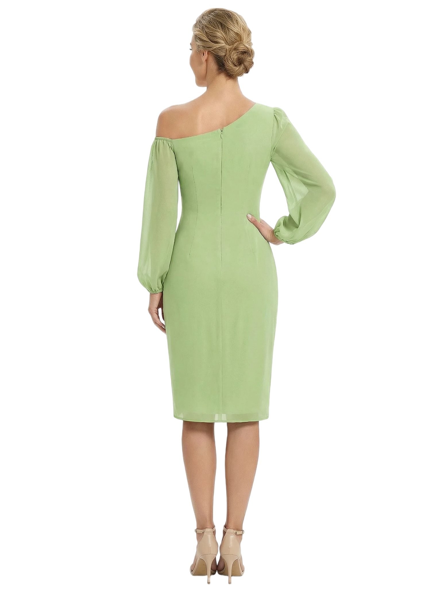 Chicsew Modern One Shoulder Knee-Length Long Sleeves Sheath Ruched Chiffon Mother Of The Bride Dresses