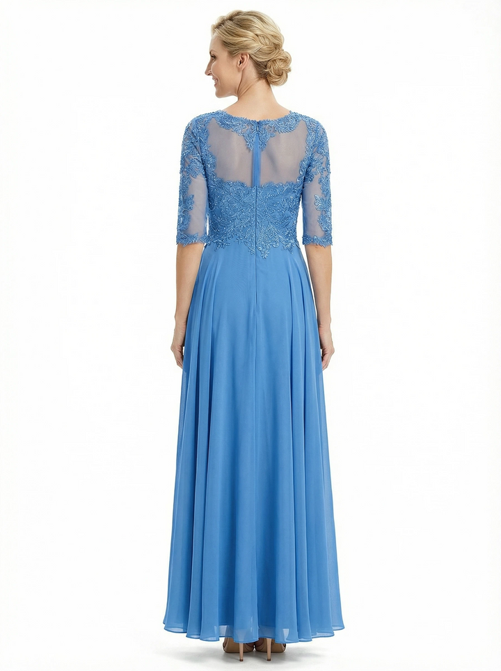 Chicsew Beautiful Illusion Lace Half Sleeves A-Line Chiffon Long Mother Of The Groom Evening Gown
