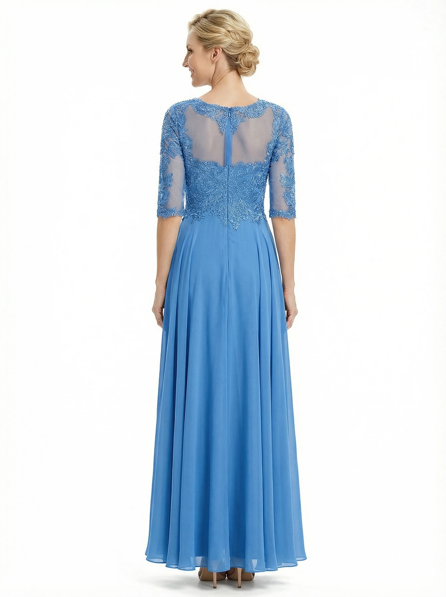 Chicsew Beautiful Illusion Lace Half Sleeves A-Line Chiffon Long Mother Of The Groom Evening Gown