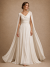ChicSew Elegant Unique V-Neck Ruching Long Sleeves Chiffon A-Line Long Wedding Dress