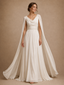 ChicSew Elegant Unique V-Neck Ruching Long Sleeves Chiffon A-Line Long Wedding Dress