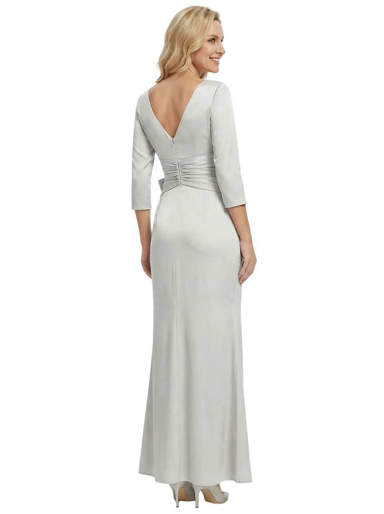 Chicsew Mother of The Bride Dress Elegant V-Neck 3/4 Sleeve Satin Trumpet Maxi Gown