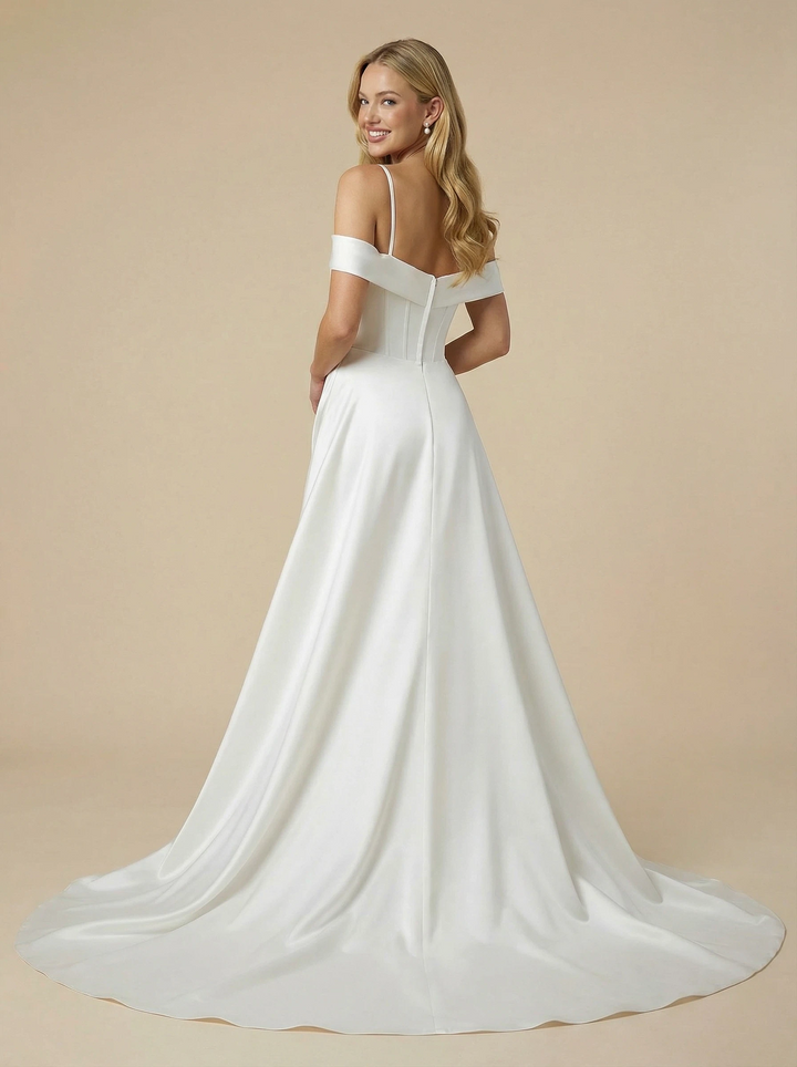 Mermaid Cold Shoulder Satin Boning Maxi Long Wedding Dresses With Detachable Skirt