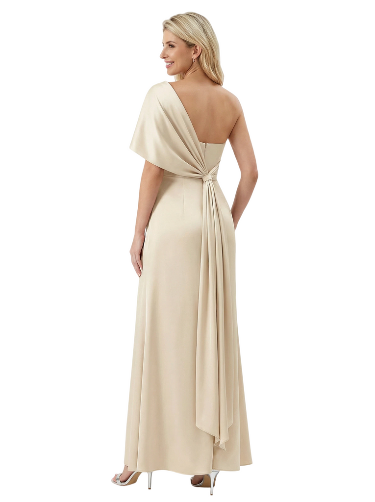 Elegant One Shoulder Satin Mother Of The Bride Dress Sheath Maxi Gown Side Slit
