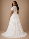 ChicSew Elegant V-Neck Lace Applique Chiffon Short Sleeves A-Line Floor-Length Wedding Dress