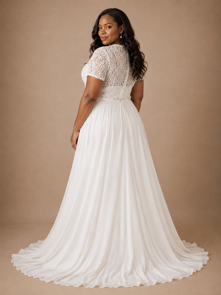 ChicSew Elegant V-Neck Lace Applique Chiffon Short Sleeves A-Line Floor-Length Wedding Dress
