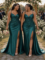 ChicSew Spaghetti Straps V-Neck Side Slit Mermaid Soft Satin Bridesmaid Dresses With Lace Appliques