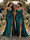 ChicSew Spaghetti Straps V-Neck Side Slit Mermaid Soft Satin Bridesmaid Dresses With Lace Appliques