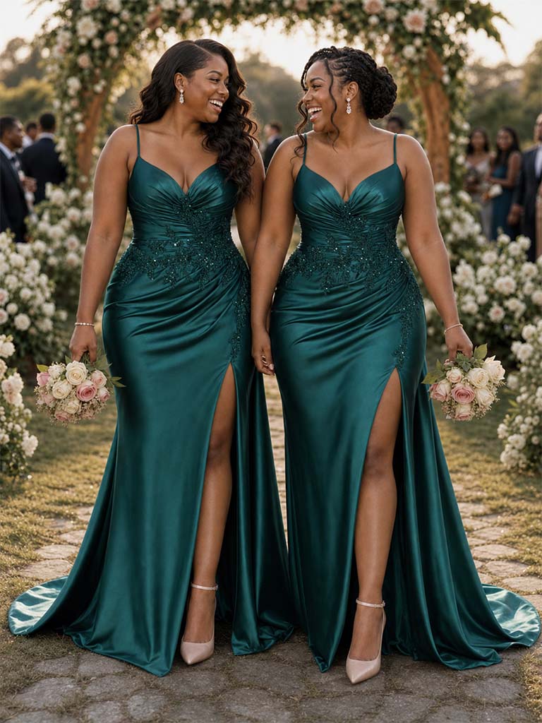 ChicSew Spaghetti Straps V-Neck Side Slit Mermaid Soft Satin Bridesmaid Dresses With Lace Appliques