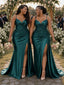 ChicSew Spaghetti Straps V-Neck Side Slit Mermaid Soft Satin Bridesmaid Dresses With Lace Appliques