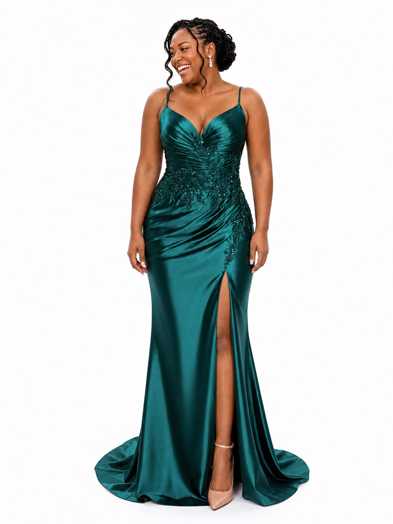 ChicSew Spaghetti Straps V-Neck Side Slit Mermaid Soft Satin Bridesmaid Dresses With Lace Appliques