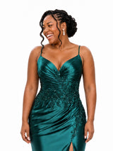 ChicSew Spaghetti Straps V-Neck Side Slit Mermaid Soft Satin Bridesmaid Dresses With Lace Appliques