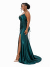 ChicSew Spaghetti Straps V-Neck Side Slit Mermaid Soft Satin Bridesmaid Dresses With Lace Appliques