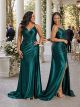 ChicSew Spaghetti Straps V-Neck Side Slit Mermaid Soft Satin Bridesmaid Dresses With Lace Appliques