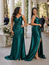 ChicSew Spaghetti Straps V-Neck Side Slit Mermaid Soft Satin Bridesmaid Dresses With Lace Appliques
