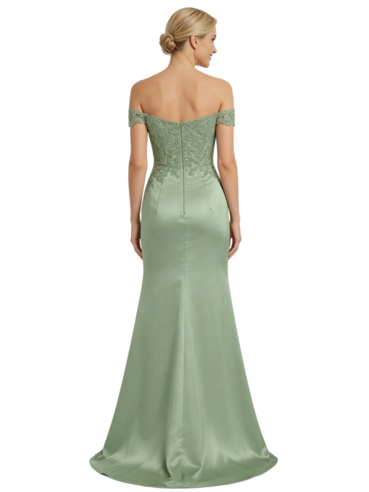 Chicsew Mother of The Groom Dresses Off The Shoulder Lace Satin Mermaid Maxi Gown Fancy Ruched Formal Bridal Party Dress