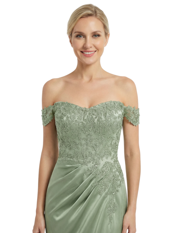 Chicsew Mother of The Groom Dresses Off The Shoulder Lace Satin Mermaid Maxi Gown Fancy Ruched Formal Bridal Party Dress